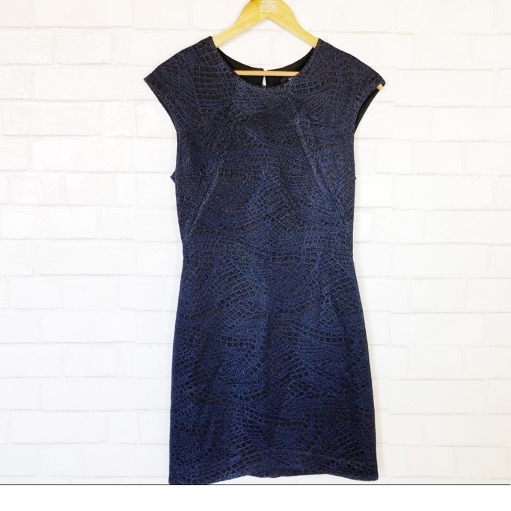 Kimberly Ovitz Blue Black Snake Print Texture Sheath Dress Silk Lined